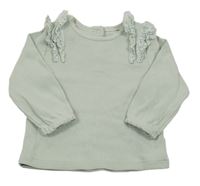 Zelenkavošedé žebrované triko s madeirovými volánky C&A