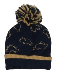 Tmavomodro-béžová čepice s dinosaury a bambulí KIDS FUN