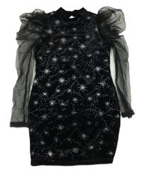 Čierne sametovo/tylové šaty s vločkami Shein