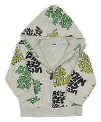 Bílá propínací mikina s nápisy a kapucí 