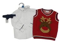 Nové - 3set - Bílá košile + červená svetrová vesta se sobem + motýlek So Cute