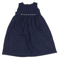 Tmavomodré vlnené šaty s kvietkami a opaskom