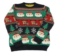 Tmavozeleno/červeno-čierny pletený vianočný sveter so Santy a sobmi George