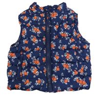 Tmavomodrá prešívaná šušťáková zateplená vesta s růžemi Mothercare