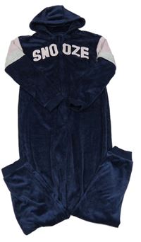 Tmavomodro-světlerůžovo/šedá plyšová kombinéza s nápisom a kapucňou George