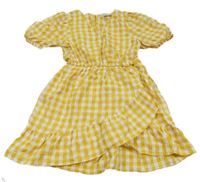 Okrovo-biele kockované šaty s volánikom a mašlou PRIMARK