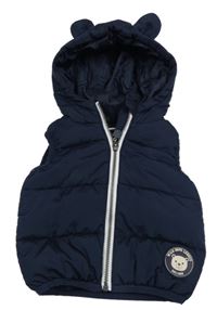 Tmavomodrá prošívaná šusťáková zateplená vesta s medvídkem a kapucí s oušky dopodopo