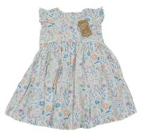 Nové - biele plátenné šaty s kvietkami a mořskými pannami a koníky a volánikmi Mothercare
