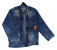 Modrá rifľová bunda s nášivkami