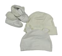 3set - Bílá pletená čepice s oušky + smetanová žebrovaná + bílé koženkové capáčky s kožešinou vel. 17