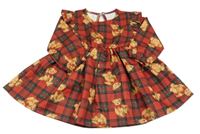 Vínovo-čierno-zelené kockované šaty s medveďmi a volánikmi Shein