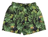 Zeleno-černé plážové kraťasy s listy a tukany H&M