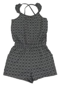 Tmavosivý vzorovaný bavlnený kraťasový overal s volánikmi Yigga