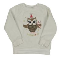 Biela chlpatá mikina so sovou z flitrů H&M