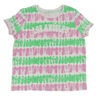 Růžovo-bílo-zelené pruhované batikované tričko s nápisy Primark