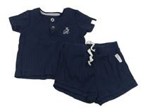 2 set - Tmavomodré žebrované tričko s výšivkou + kraťasy River Island