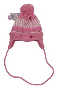 Nové - Ružovo-biela vzorovaná vlnená čapica s brmbolcom