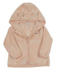 Svetloružová plyšová prepínaci mikina s medvěďom a kapucňou