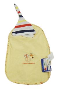 Nové - 2 set - žlutý bryndák + bílo-barevná pruhovaná čepice 