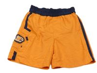 Oranžovo-tmavomodré športové kraťasy s nápisom