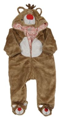 Hnedo-biela plyšová kombinéza s kapucí - sob