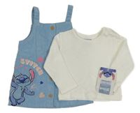 Nové - Bílé triko + Světlemodré manšestrové laclové šaty se Stitchem Primark