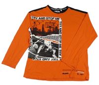 Pomerančovo-černé triko s potiskem a nápisy C&A