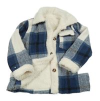 Tmavomodro-bielo-čierna kockovaná zateplená flaušová bunda Shein