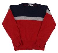Tmavomodro-sivo-červený chlpatý sveter