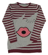 Sivo-vínový pruhovaný sveter s perami Terranova