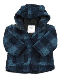 Tmavomodrá kockovaná huňatá zateplená bunda s kapucňou Matalan