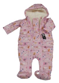 Nová - Světlerůžová prošívaná šusťáková zimní kombinéza se zvířatky a kapucí Dunnes