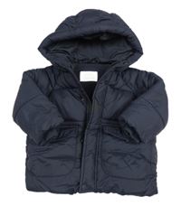 Tmavomodrá prešívaná šušťáková zimná bunda s kapucňou ZARA