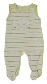 Bílo-zelenkavé pruhované sametové dupačky s medvedíkom