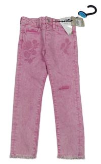 Nové - Růžové skinny rifle s výšivkou květů Denim Co.