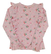 Růžové strukturované triko s jahodami a volánky St. Bernard