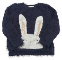 Tmavomodrý chlpatý sveter so zajačikom zn. H&M