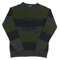 Sivo-olivový pruhovaný sveter s nápisom