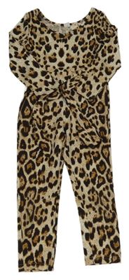 Béžovo-hnedý vzorovaný nohavicový overal s opaskom Shein