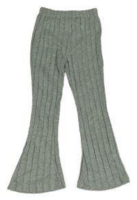 Světlezeleno-sivé melírované pletené rebrované flare nohavice Shein