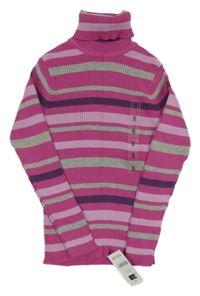 Nové - Ružovo-sivý pruhovaný rebrovaný sveter s rolákom Dunnes