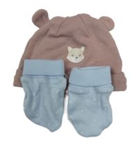 2set - Starorůžová bavlněná čepice s liškou + modré rukavice 