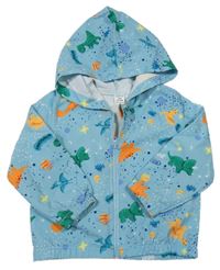 Modrá šušťáková bunda s dinosaurami a kapucňou Shein