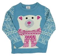 Azurový pletený sveter s medvedíkom a vzorom a vločkami Lily & Dan