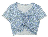 Modré rebrované crop tričko s kytičkami nařasením SHEIN