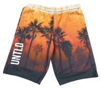 Černo-oranžovo-světlešedé teplákové kraťasy s palmami a nápisem PRIMARK