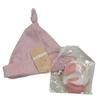 2set - Svetloružová bodkovaná á čapica M&S + růžovo/bílé vzorované rukavice