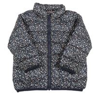 Tmavomodrá prešívaná šušťáková zateplená bunda s kvietkami a ukrývací kapucňou Zara
