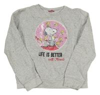 Svetlosivá melírovaná mikina s překlápěcími flitre so Snoopym