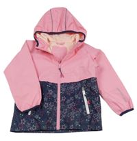 Růžovo-tmavomodrá kostkovaná šusťáková jarní bunda s hvězdičkami a kapucí C&A